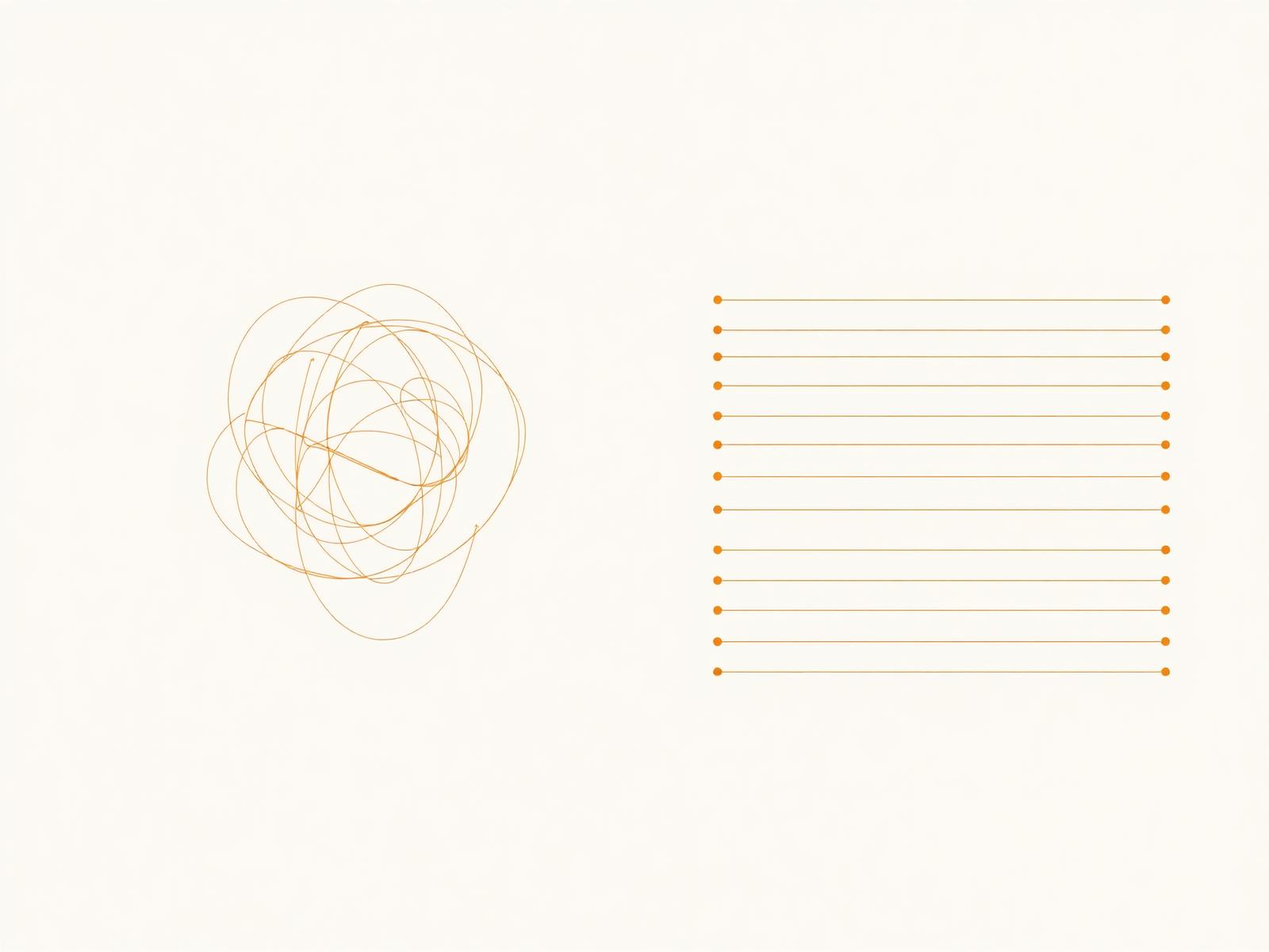 Tangled workflow lines transforming into structured parallel paths